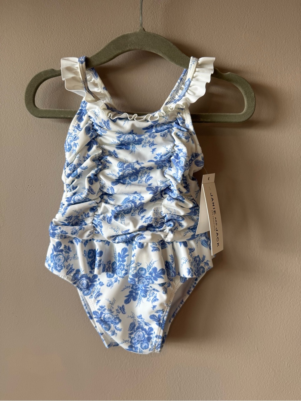 Janie and Jack NWT Blue White Floral Ruched Swimsuit Bathing Suit 12-18 Months